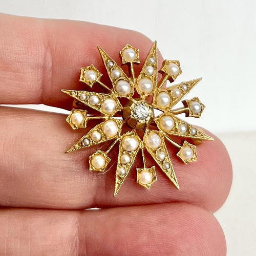9ct Gold Cultured Pearl and Diamond Star Brooch / Pendant : Fully Hallmarked in a Stunning Edwardian Style MillyOliverVintage