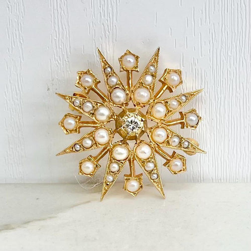 9ct Gold Cultured Pearl and Diamond Star Brooch / Pendant : Fully Hallmarked in a Stunning Edwardian Style MillyOliverVintage