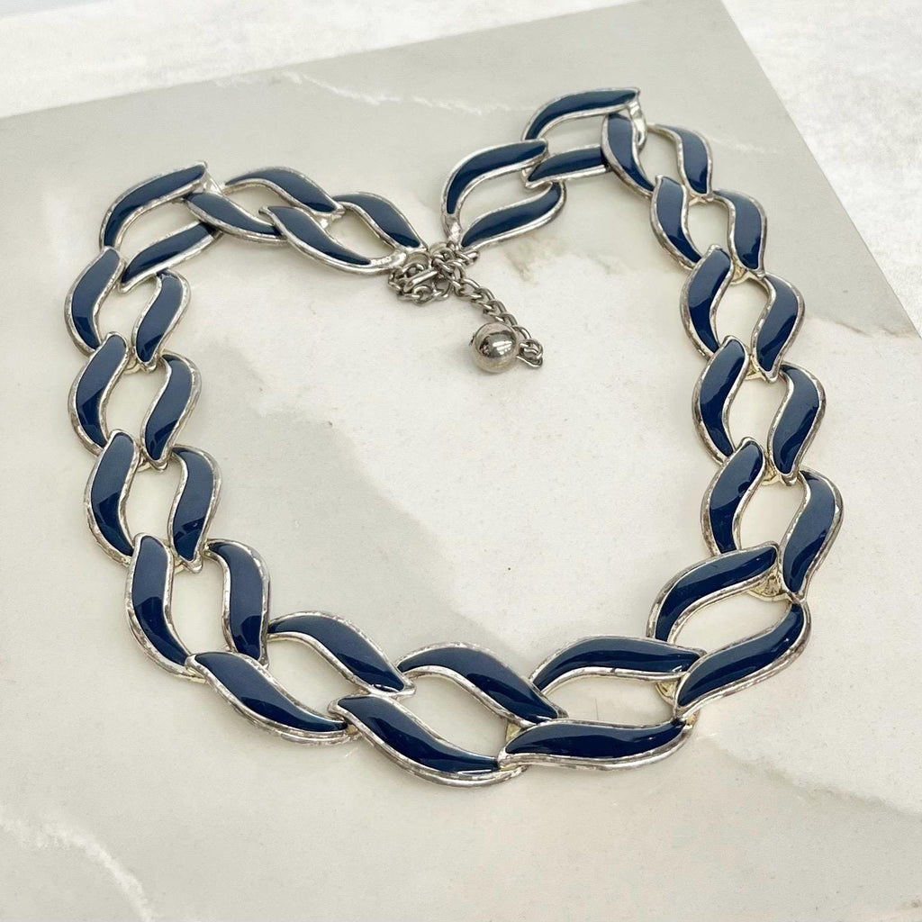 Navy Blue Enamelled Napier Collar Necklace Silver Plate 1970’s - 1980’s Statement Power Chain 16” with a 3” Extender Chain MillyOliverVintage