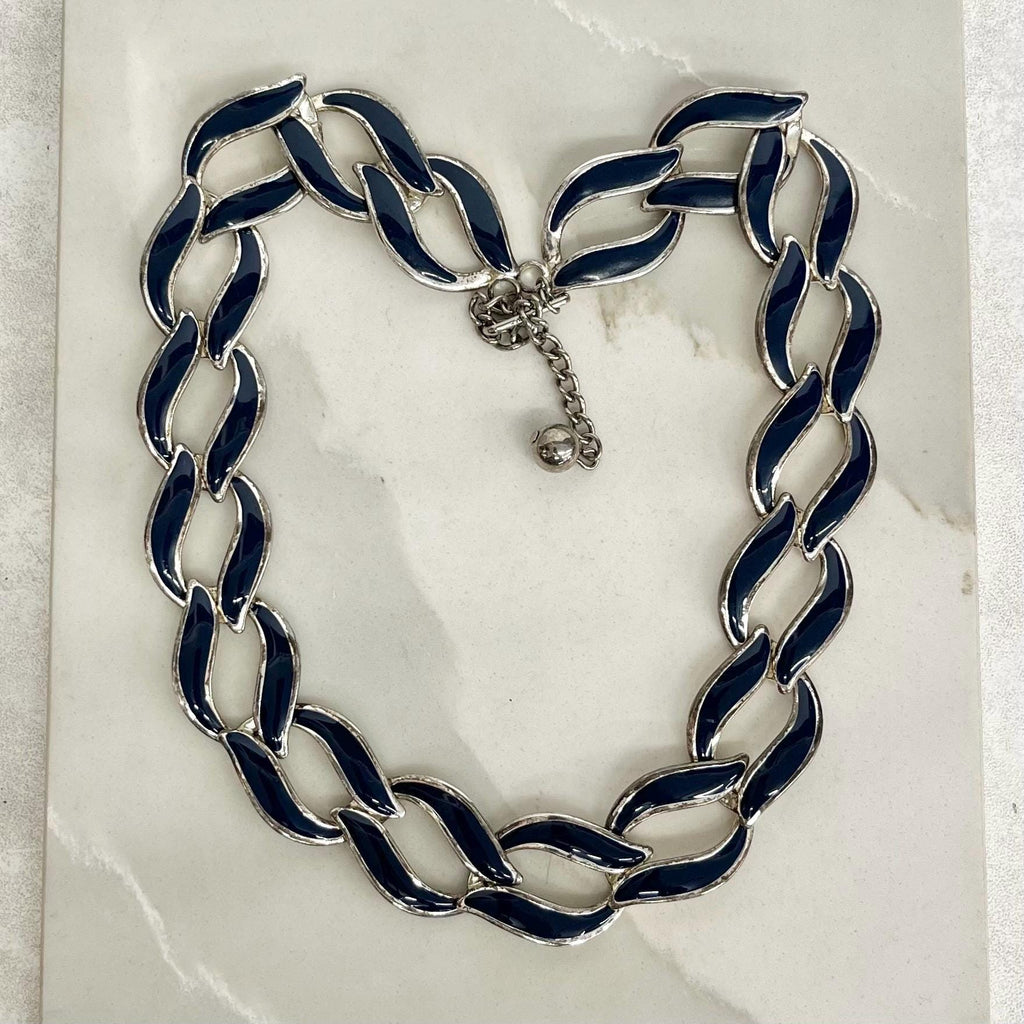 Navy Blue Enamelled Napier Collar Necklace Silver Plate 1970’s - 1980’s Statement Power Chain 16” with a 3” Extender Chain MillyOliverVintage