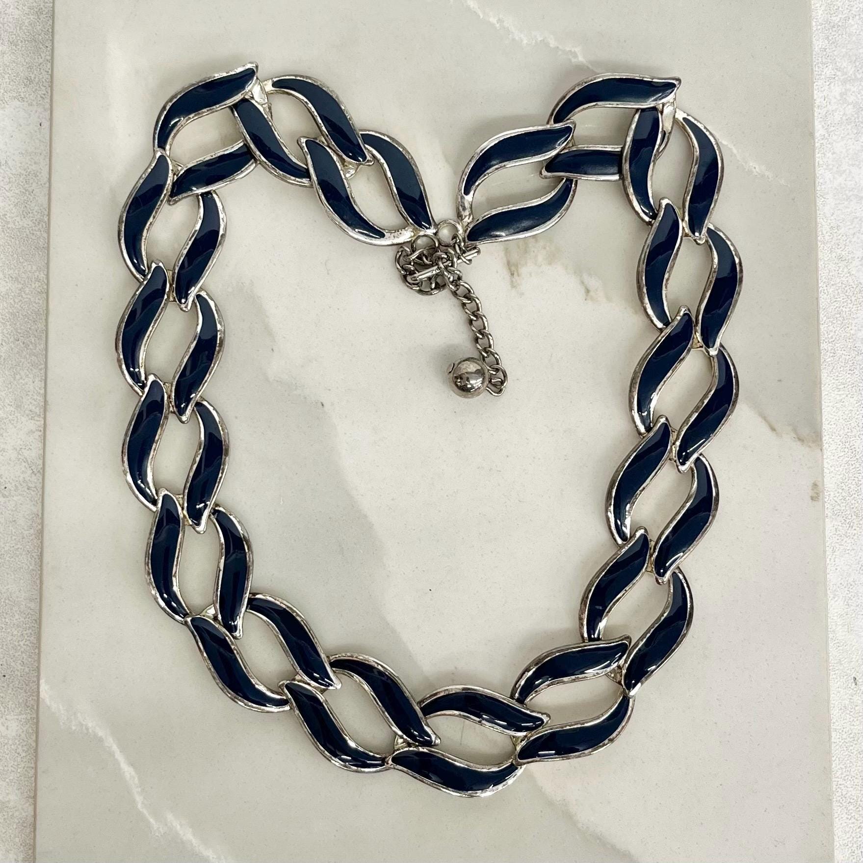 Navy Blue Enamelled Napier Collar Necklace Silver Plate 1970’s - 1980’s Statement Power Chain 16” with a 3” Extender Chain MillyOliverVintage