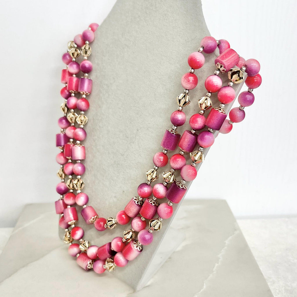 Three Strand Pink & Purple Acrylic Plastic Bead Necklace 18” Long with a 3” Extender MillyOliverVintage