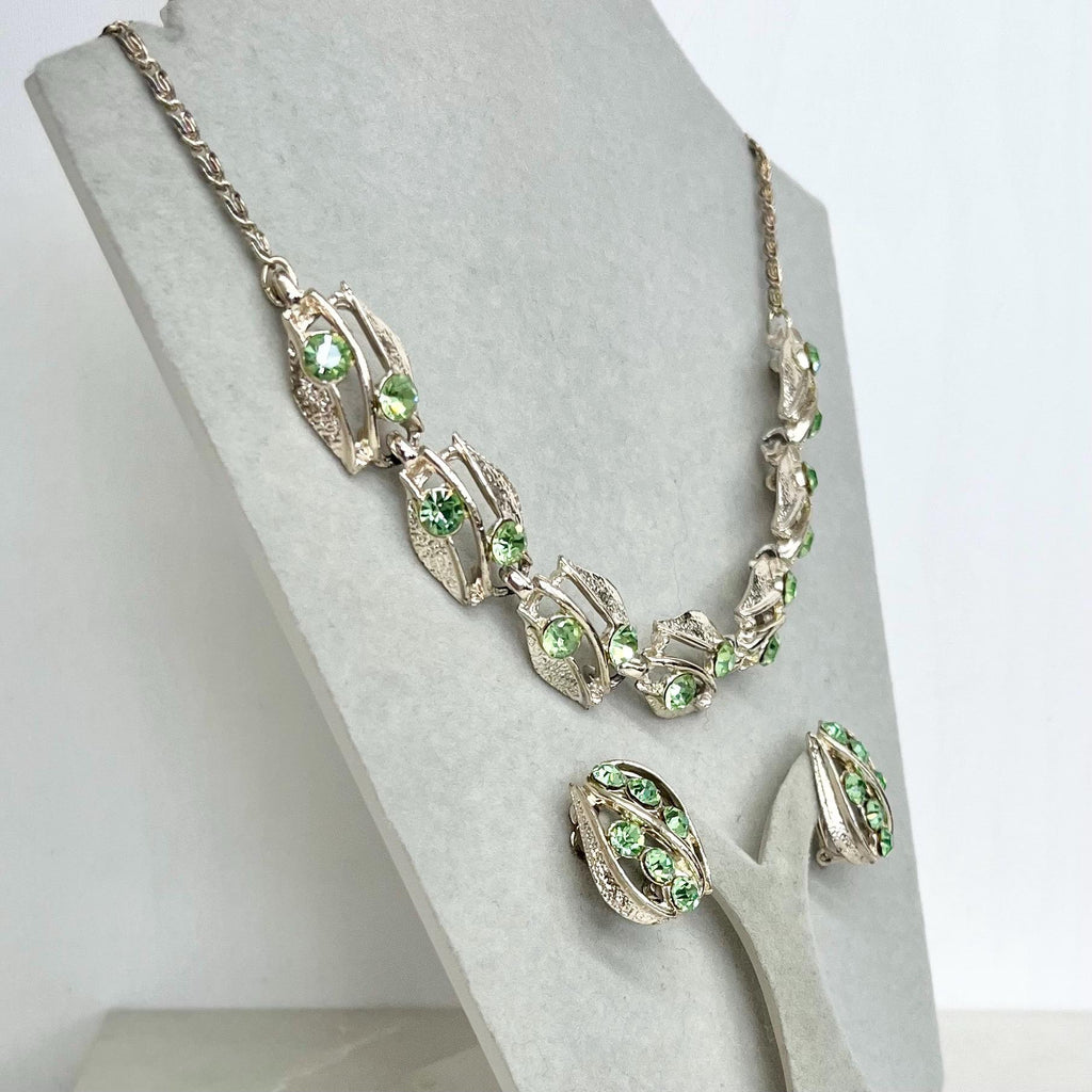 Vintage Green Uranium Glass Crystal Trio Necklace & Clip On Earrings Set UV Reactive Glow MillyOliverVintage