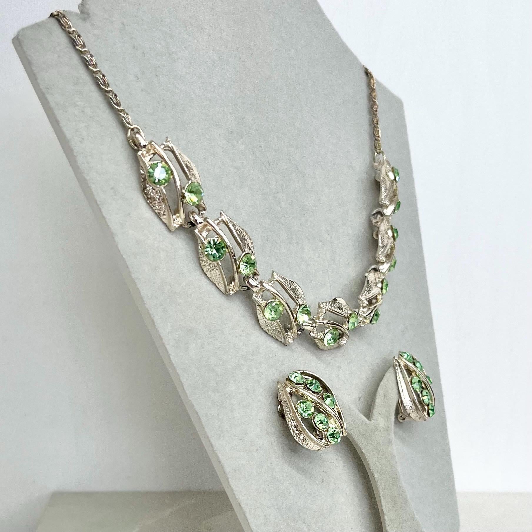 Vintage Green Uranium Glass Crystal Trio Necklace & Clip On Earrings Set UV Reactive Glow MillyOliverVintage