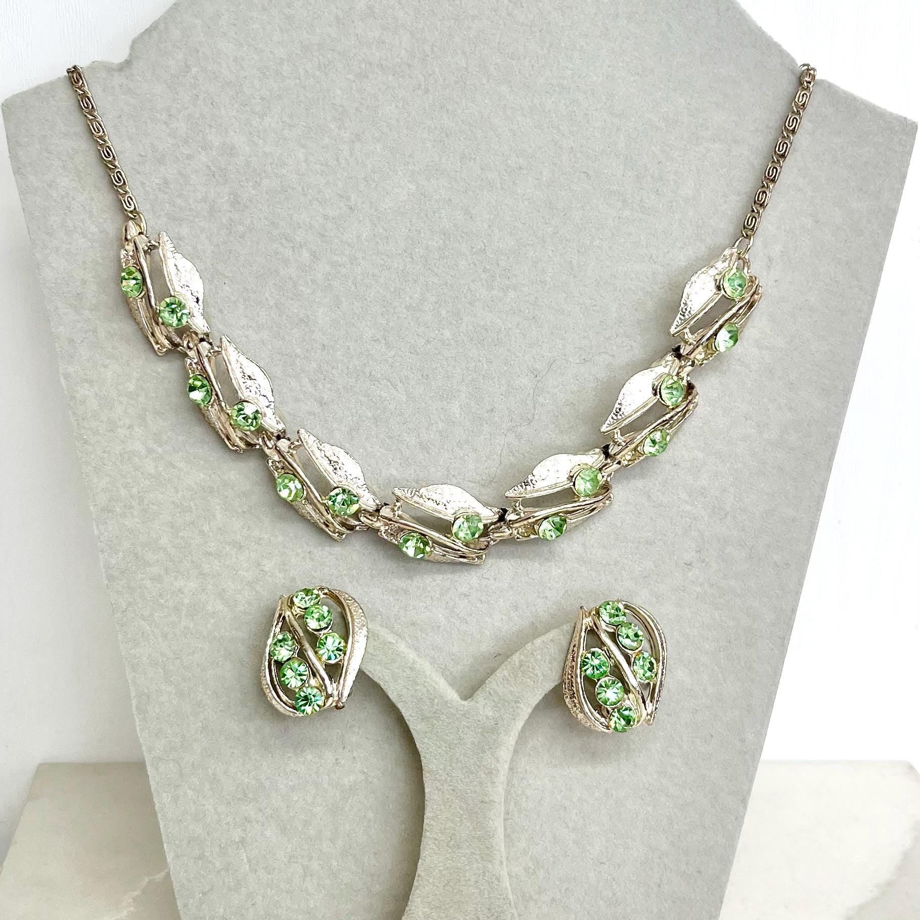 Vintage Green Uranium Glass Crystal Trio Necklace & Clip On Earrings Set UV Reactive Glow MillyOliverVintage