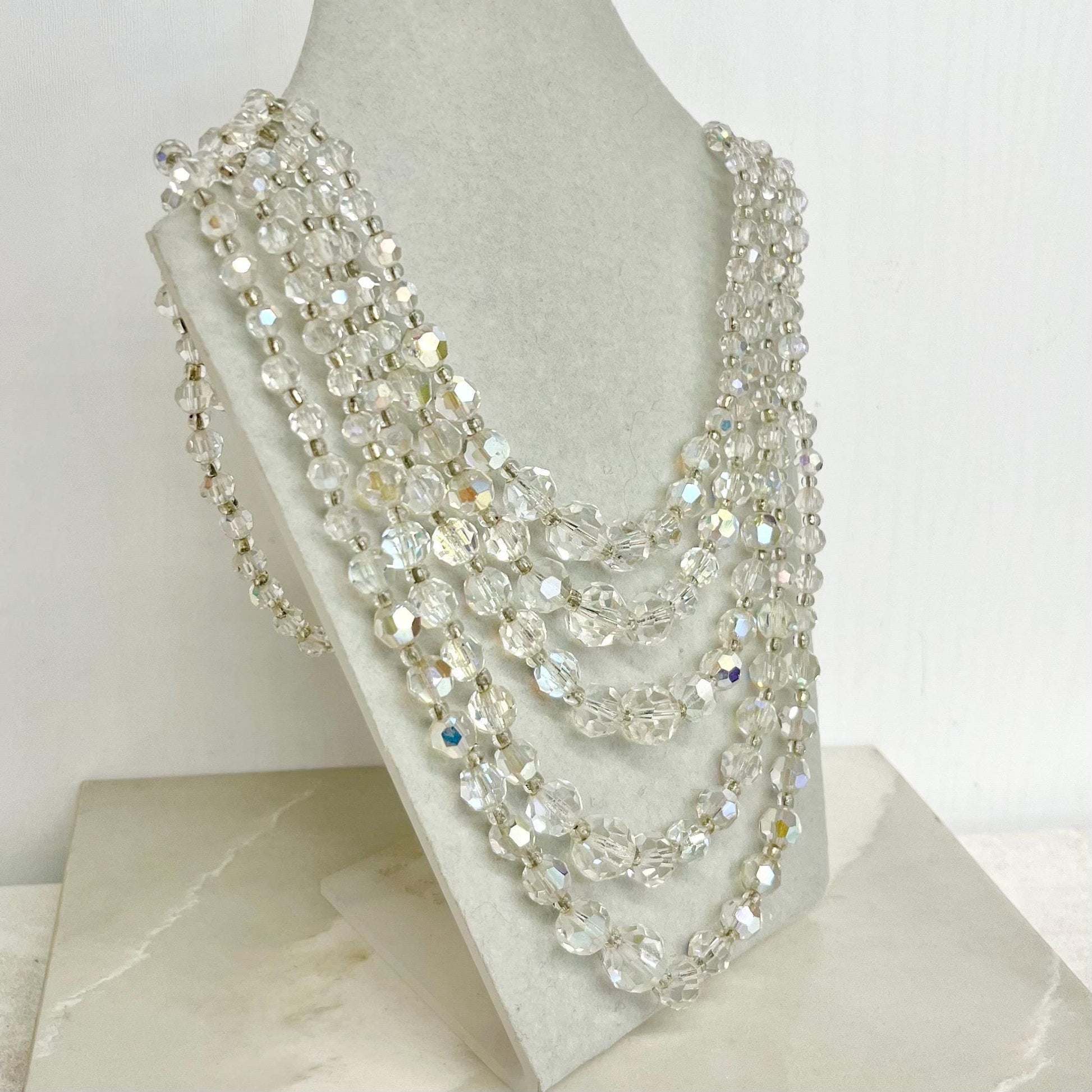 Vintage 1960’s Five Strand Crystal Bead Necklace : Aurora Borealis Draped Waterfall Design with Ornate Crystal Clasp MillyOliverVintage