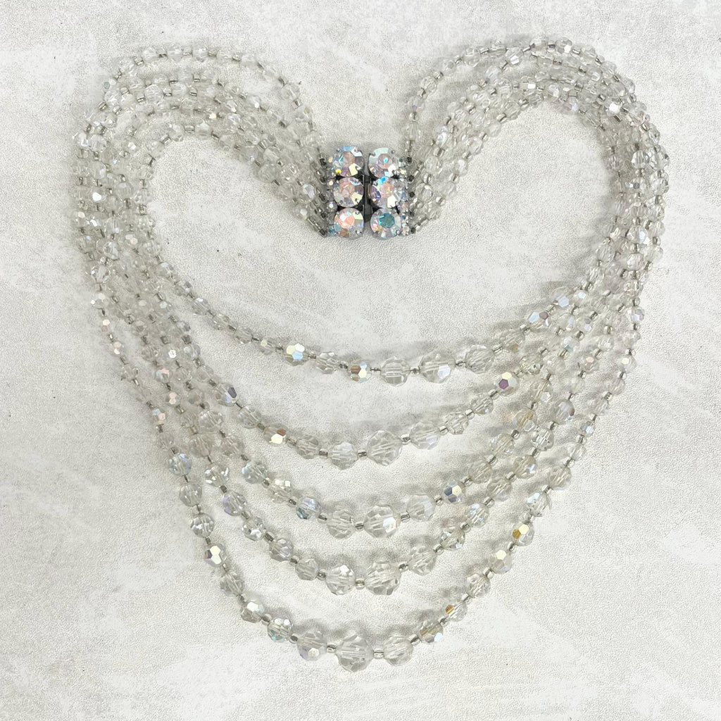 Vintage 1960’s Five Strand Crystal Bead Necklace : Aurora Borealis Draped Waterfall Design with Ornate Crystal Clasp MillyOliverVintage