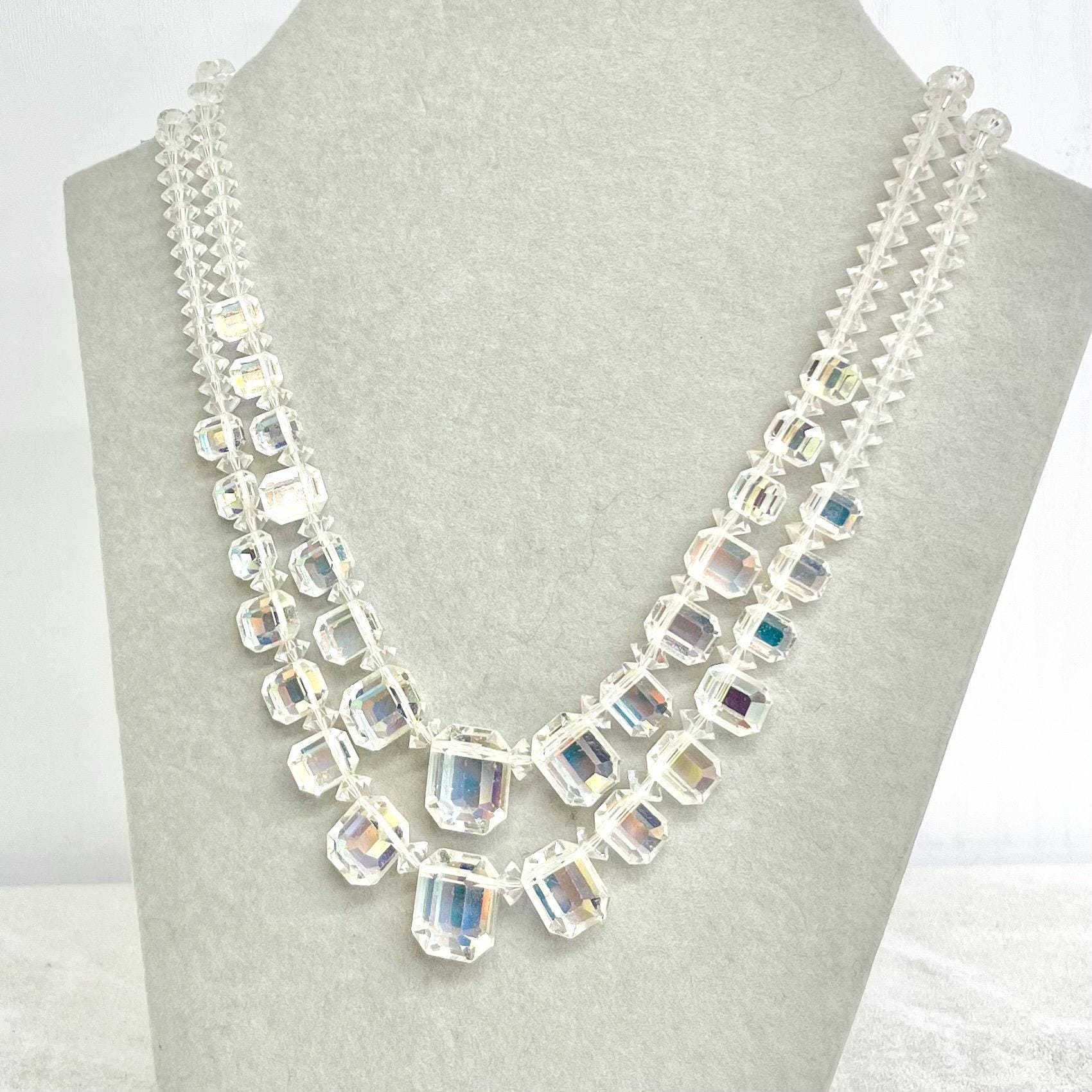 Vintage 1940’s Two Strand Crystal Bead Necklace : Aurora Borealis Draped Waterfall Design with Ornate Crystal Clasp MillyOliverVintage