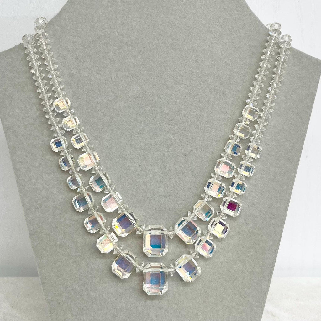 Vintage 1940’s Two Strand Crystal Bead Necklace : Aurora Borealis Draped Waterfall Design with Ornate Crystal Clasp MillyOliverVintage