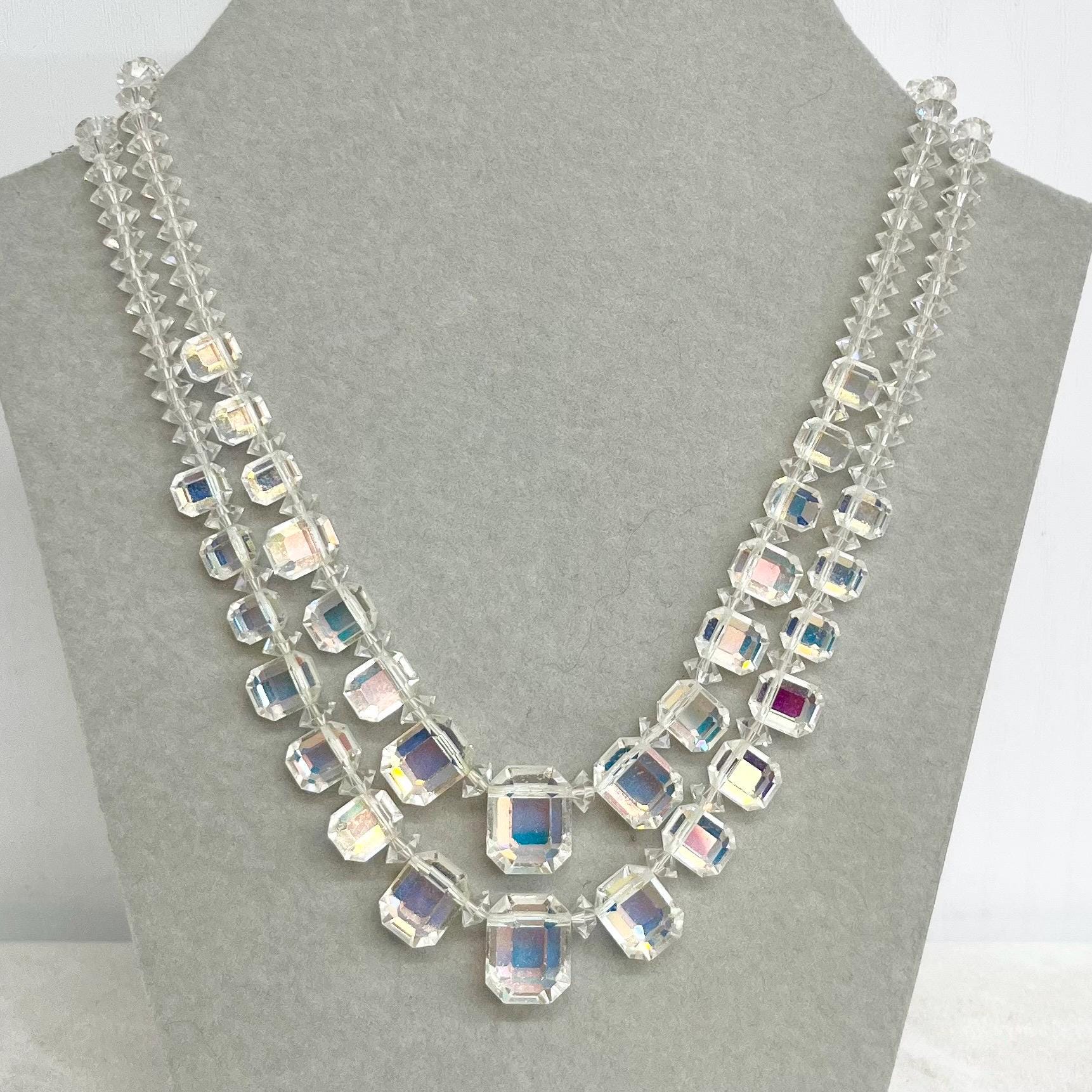 Vintage 1940’s Two Strand Crystal Bead Necklace : Aurora Borealis Draped Waterfall Design with Ornate Crystal Clasp MillyOliverVintage