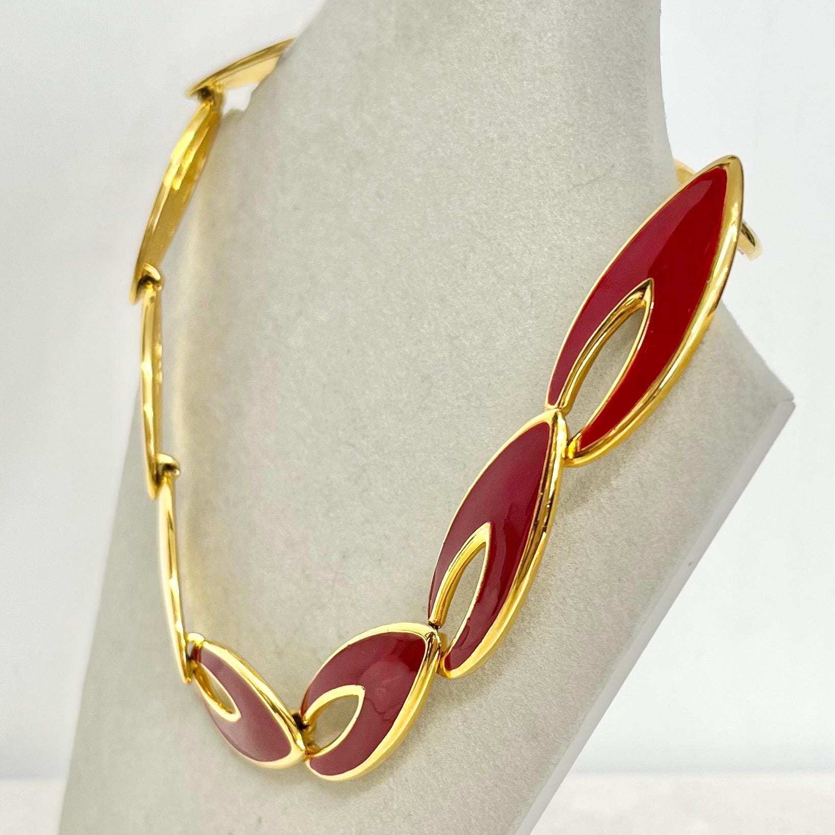 Red Enamelled Napier Collar Necklace Gold Tone 1970’s - 1980’s Statement Power Chain 16” MillyOliverVintage