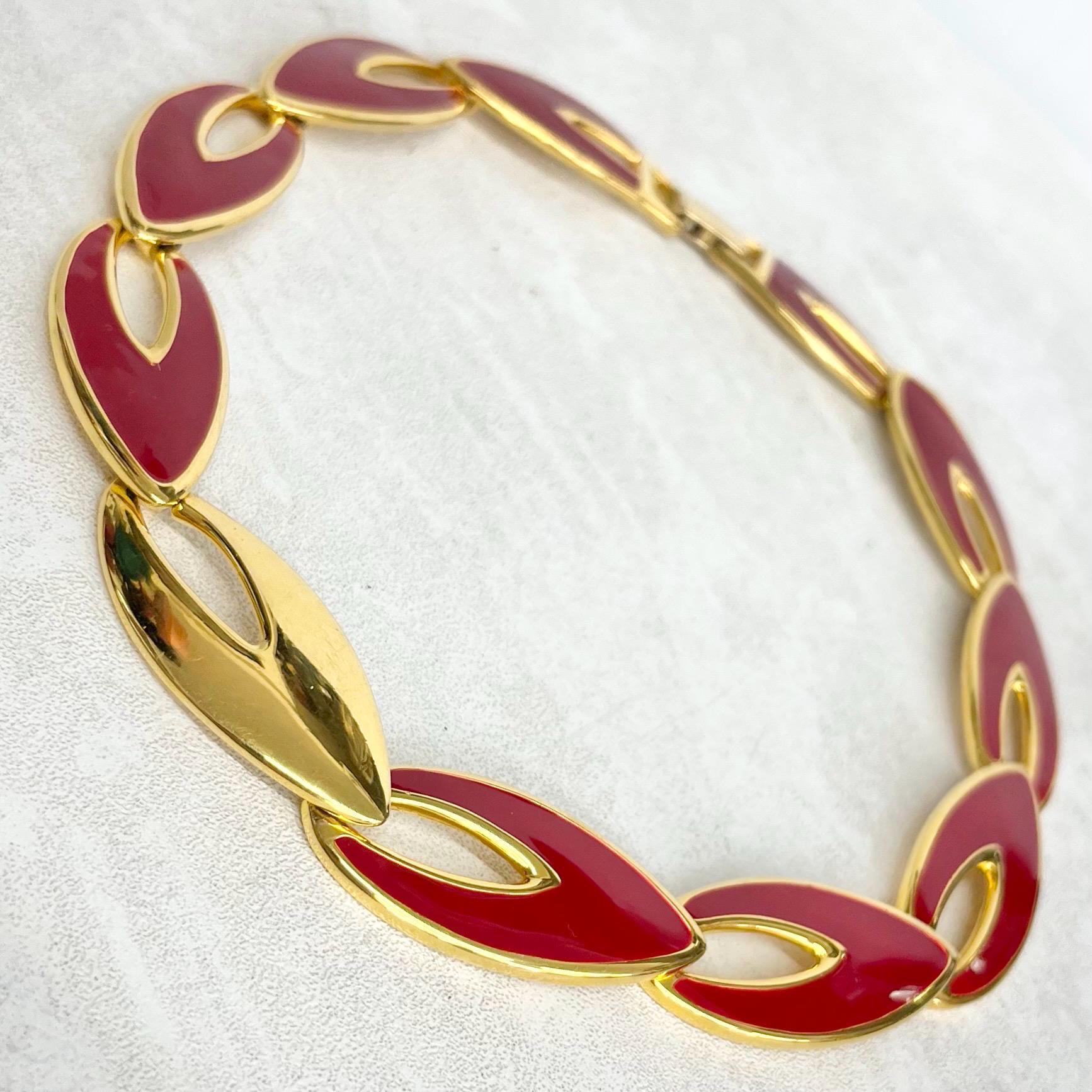 Red Enamelled Napier Collar Necklace Gold Tone 1970’s - 1980’s Statement Power Chain 16” MillyOliverVintage