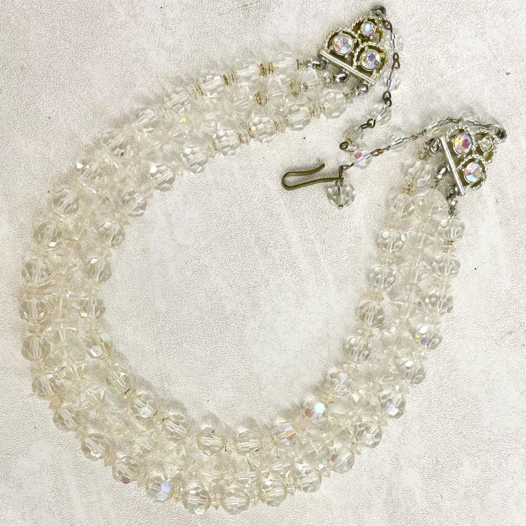 Vintage 1960’s Three Strand Crystal Bead Necklace : Aurora Borealis Draped Waterfall Design with Ornate Crystal Hook Clasp 14 - 17” MillyOliverVintage