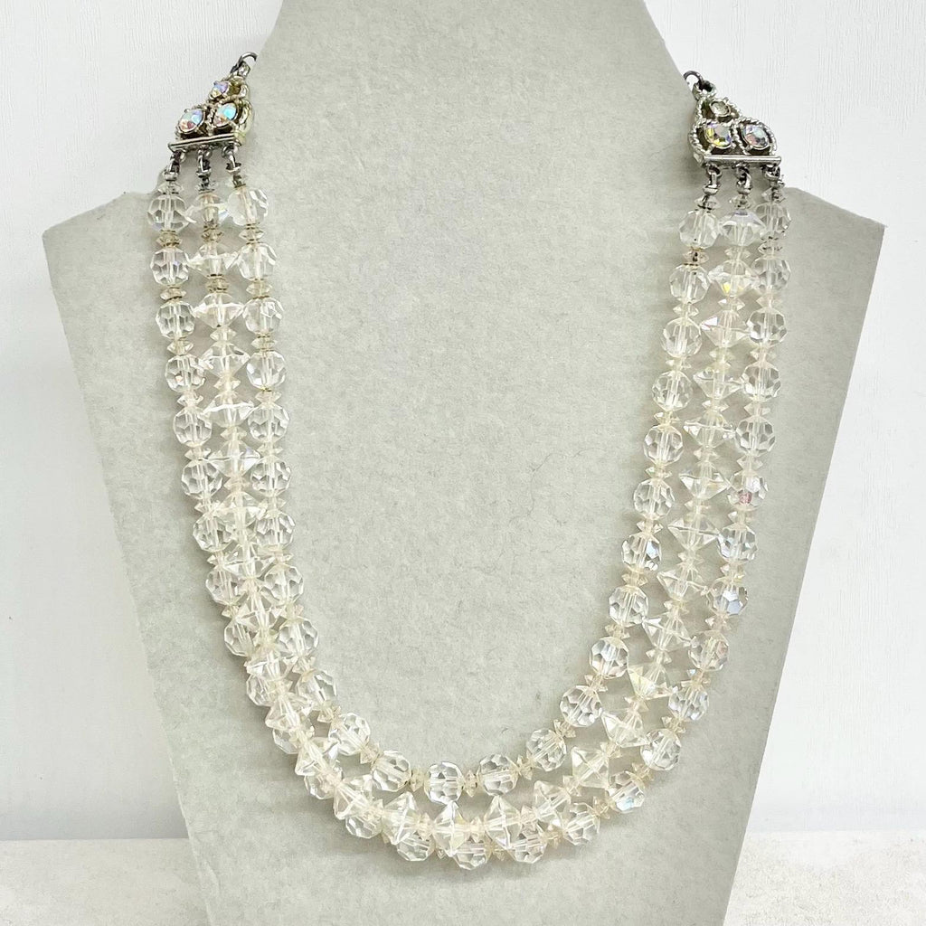 Vintage 1960’s Three Strand Crystal Bead Necklace : Aurora Borealis Draped Waterfall Design with Ornate Crystal Hook Clasp 14 - 17” MillyOliverVintage
