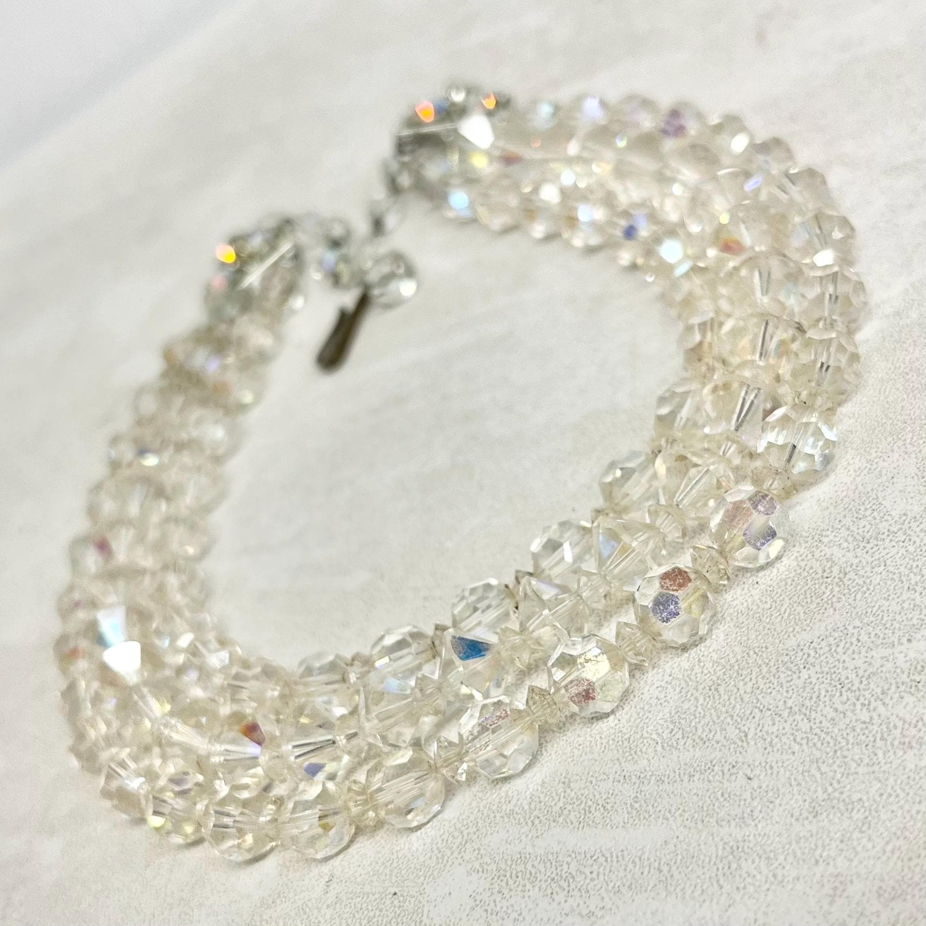 Vintage 1960’s Three Strand Crystal Bead Necklace : Aurora Borealis Draped Waterfall Design with Ornate Crystal Hook Clasp 14 - 17” MillyOliverVintage