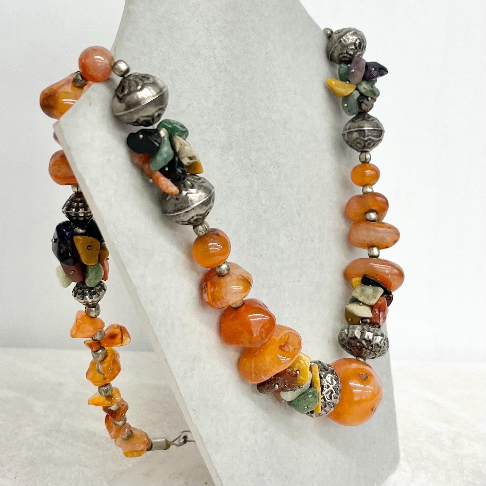 Vintage Ethnic Semi Precious Stone Bead Necklace : Chunky Design with Agate Aventurine Amethyst Carnelian and Jasper MillyOliverVintage