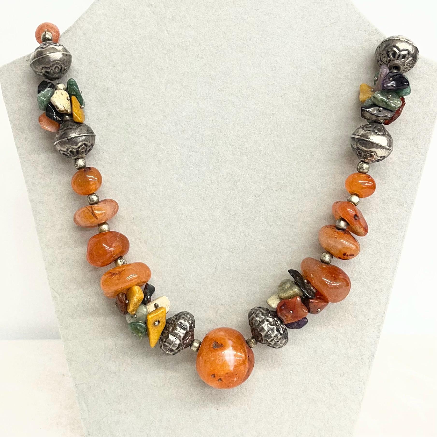 Vintage Ethnic Semi Precious Stone Bead Necklace : Chunky Design with Agate Aventurine Amethyst Carnelian and Jasper MillyOliverVintage
