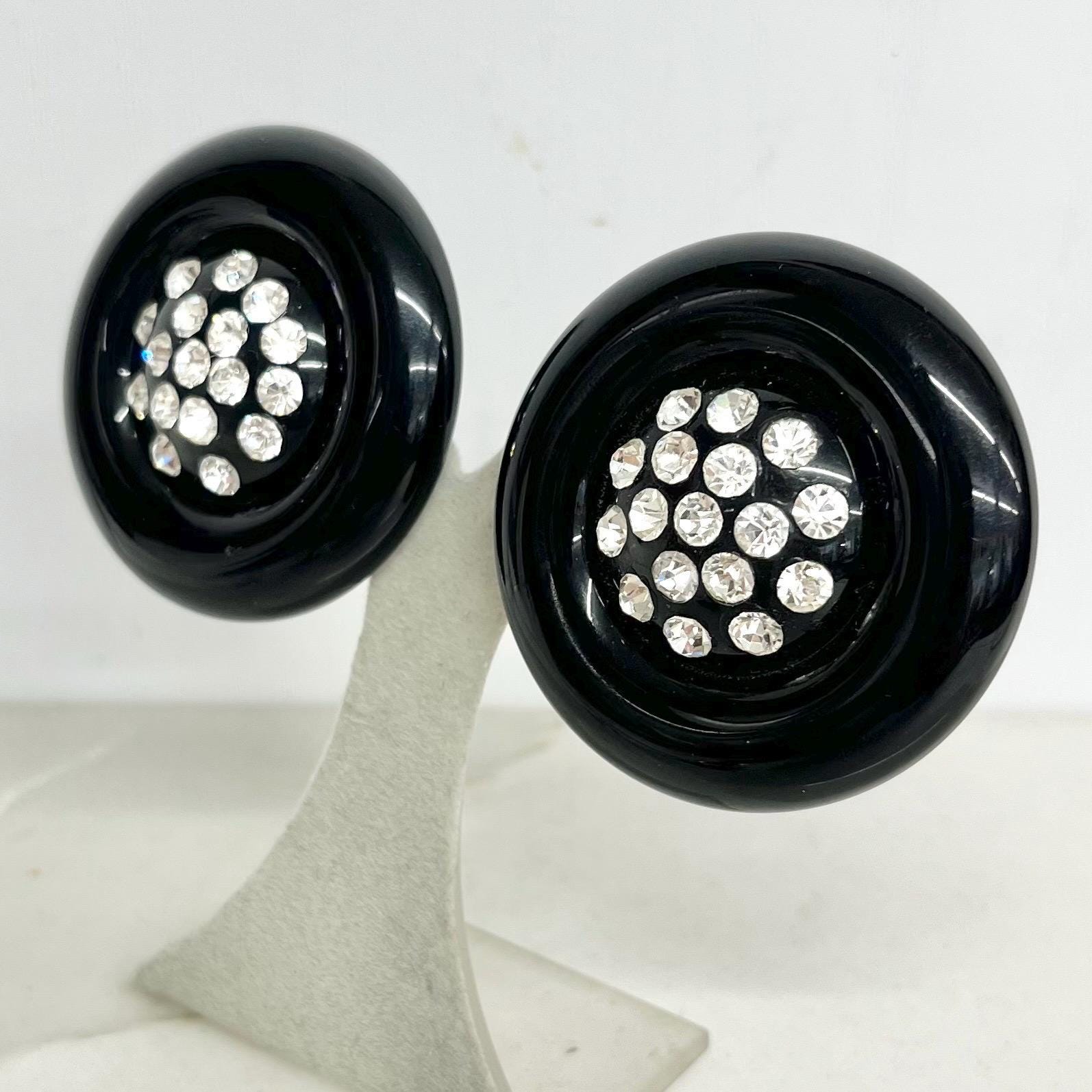 Vintage Large Round Black Statement Clip On Earrings with Crystal Diamante Accents : Over Sized Earrings MillyOliverVintage
