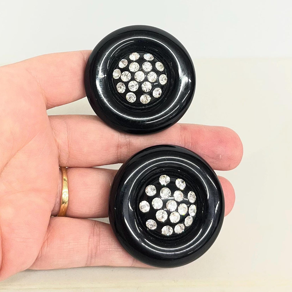Vintage Large Round Black Statement Clip On Earrings with Crystal Diamante Accents : Over Sized Earrings MillyOliverVintage