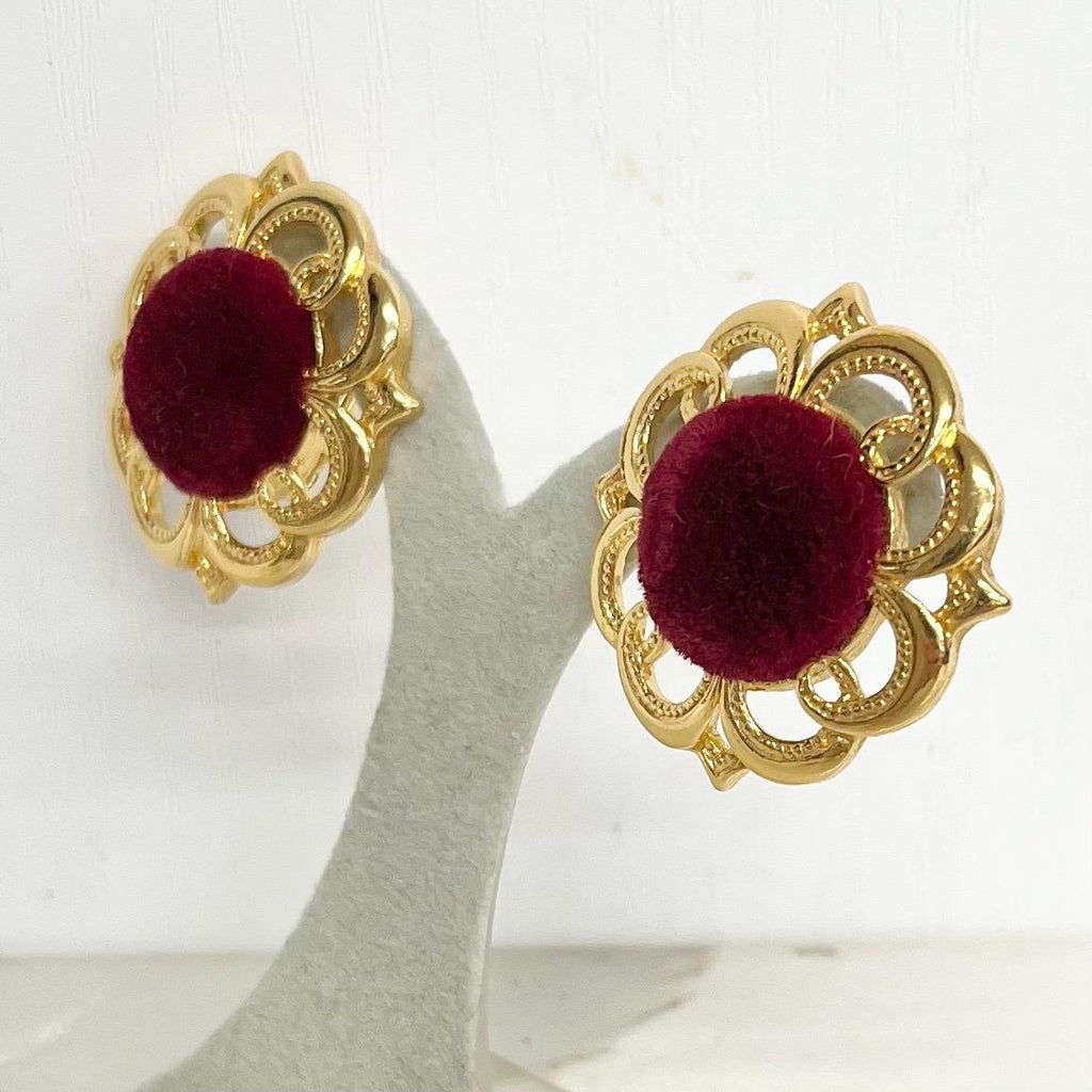 Vintage Gold Tone Clip on Earrings 1980’s - 1990’s with Burgundy Red Velvet Centres MillyOliverVintage