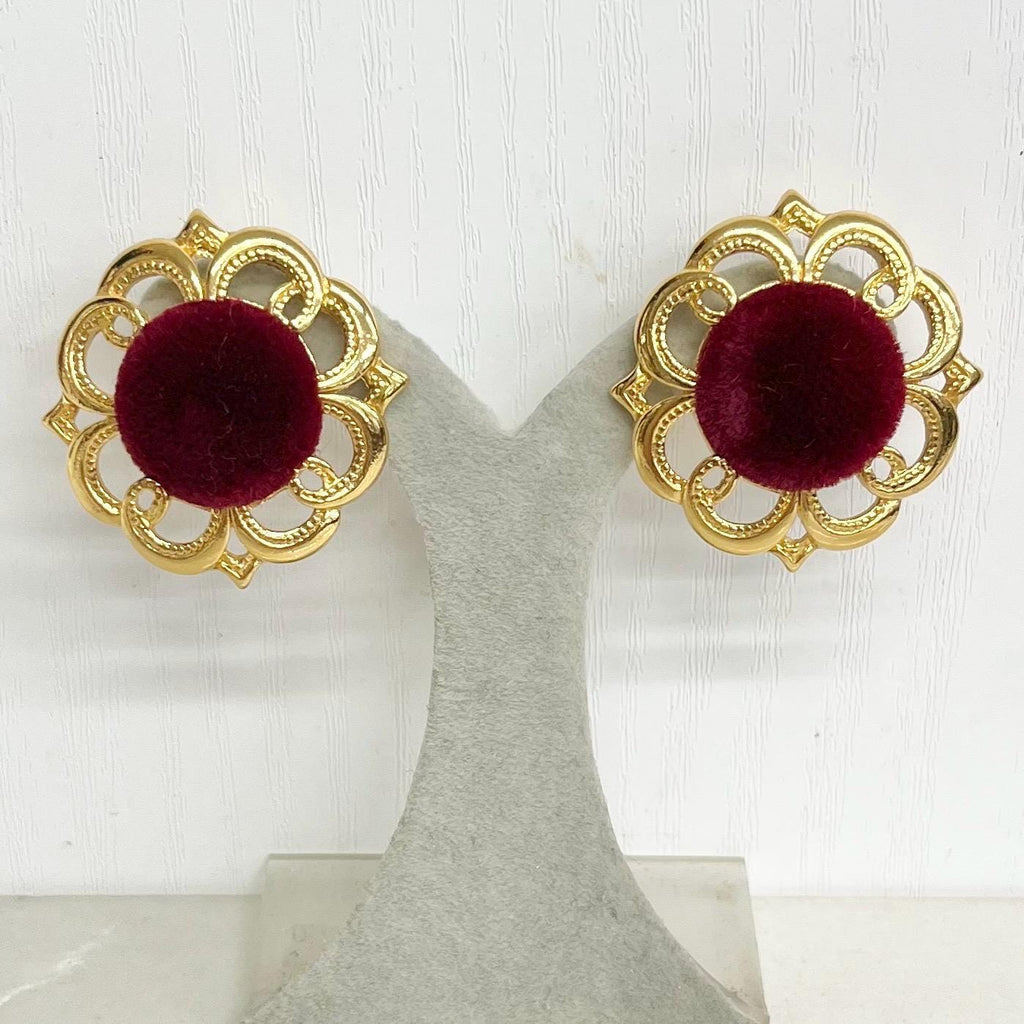 Vintage Gold Tone Clip on Earrings 1980’s - 1990’s with Burgundy Red Velvet Centres MillyOliverVintage
