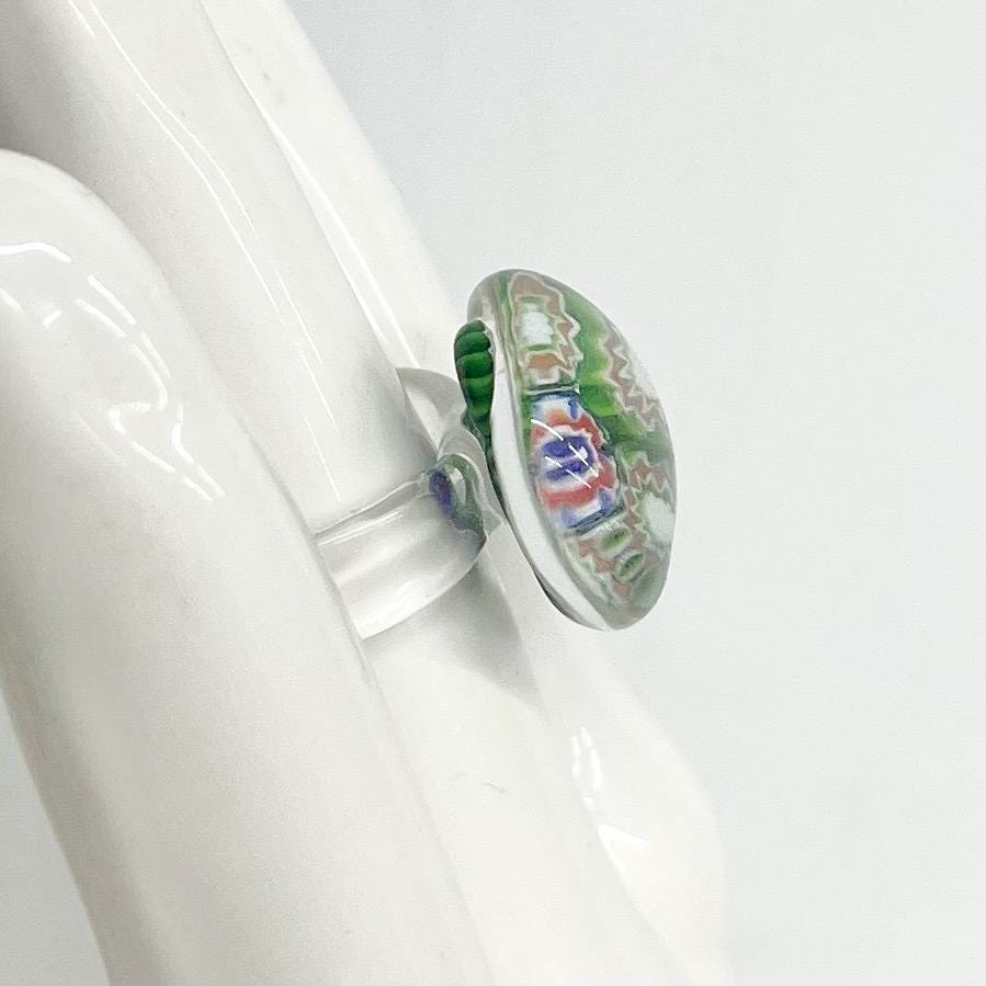 Vintage Murano Millefiori Glass Ring : Pure Handblown Glass with Green Millefiori Flowers Size O MillyOliverVintage
