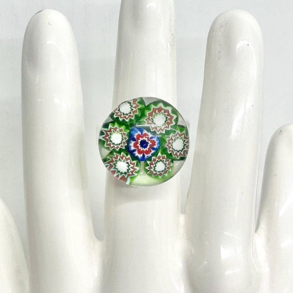 Vintage Murano Millefiori Glass Ring : Pure Handblown Glass with Green Millefiori Flowers Size O MillyOliverVintage
