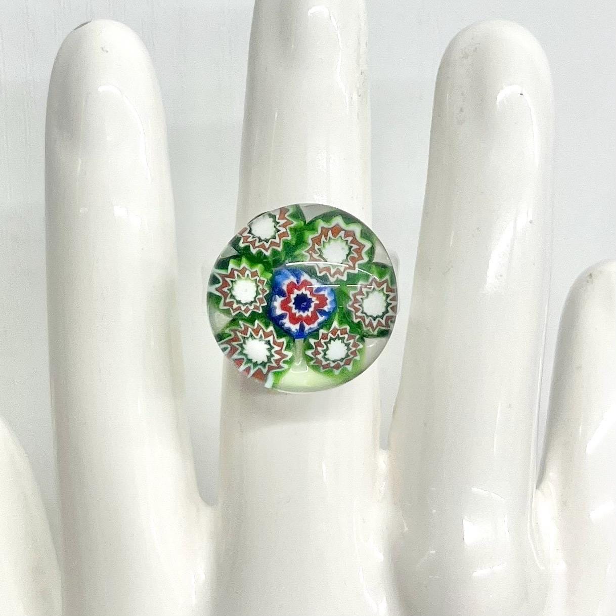 Vintage Murano Millefiori Glass Ring : Pure Handblown Glass with Green Millefiori Flowers Size O MillyOliverVintage