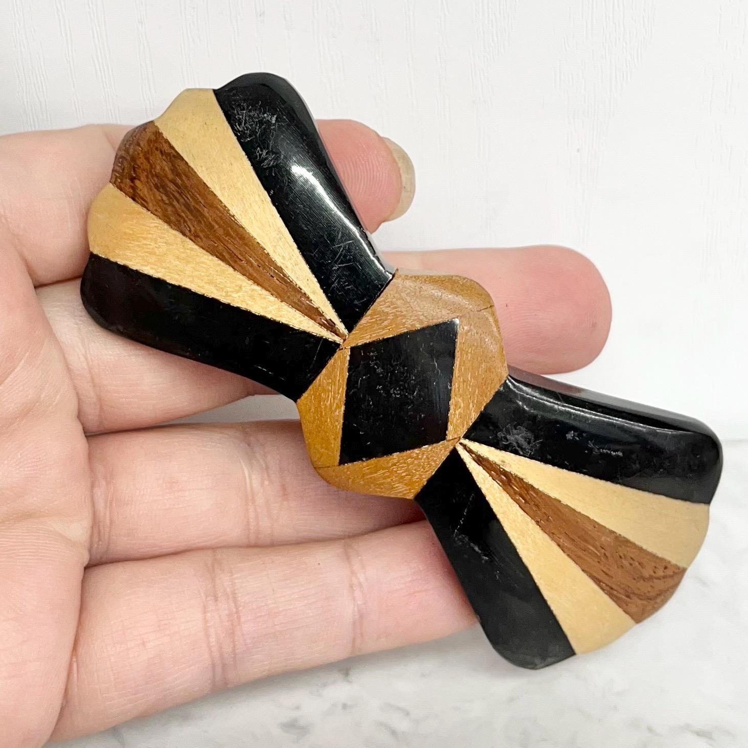 Vintage Wooden Marquetry Inlaid Large Bow Shape Hair Barrette Clip MillyOliverVintage