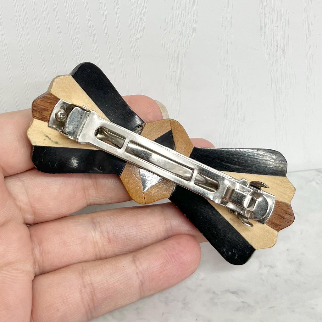 Vintage Wooden Marquetry Inlaid Large Bow Shape Hair Barrette Clip MillyOliverVintage