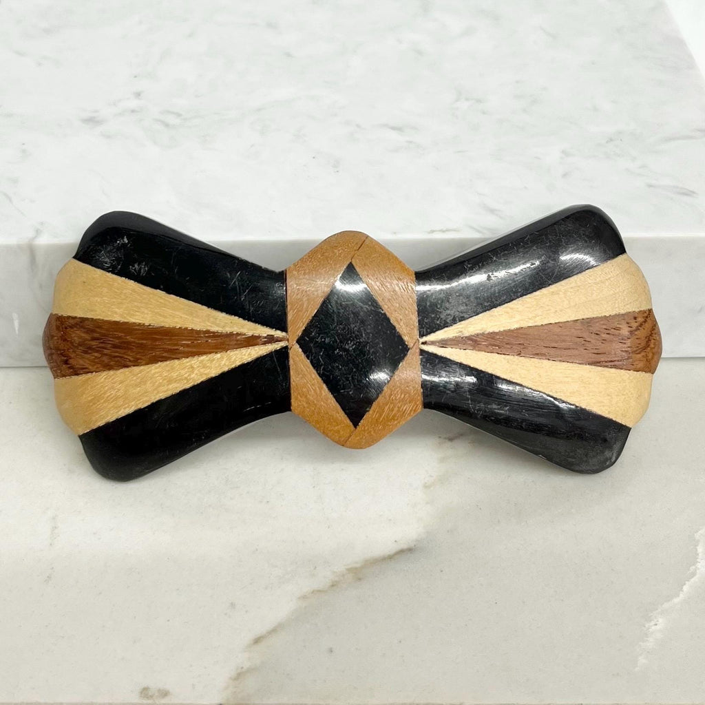Vintage Wooden Marquetry Inlaid Large Bow Shape Hair Barrette Clip MillyOliverVintage