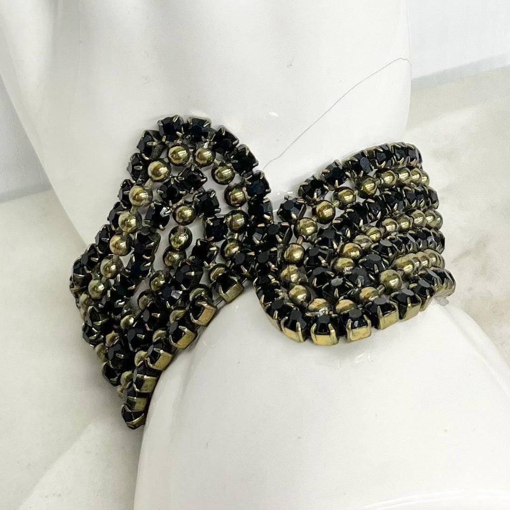Vintage Black Diamante Wide Cuff Bracelet : 1980’s Fashion with Sparkling Black Glass Crystals MillyOliverVintage