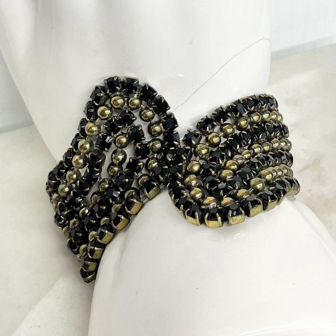 Vintage Black Diamante Wide Cuff Bracelet : 1980’s Fashion with Sparkling Black Glass Crystals MillyOliverVintage