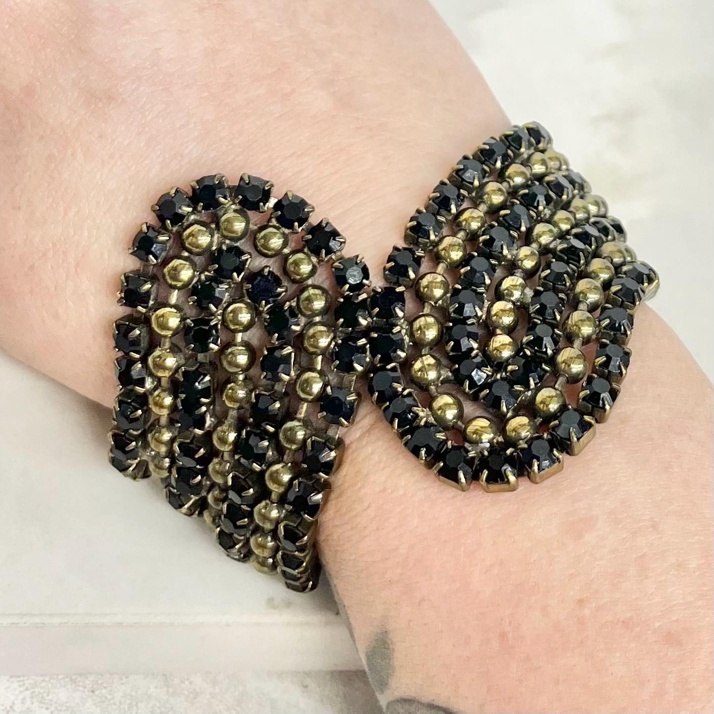 Vintage Black Diamante Wide Cuff Bracelet : 1980’s Fashion with Sparkling Black Glass Crystals MillyOliverVintage
