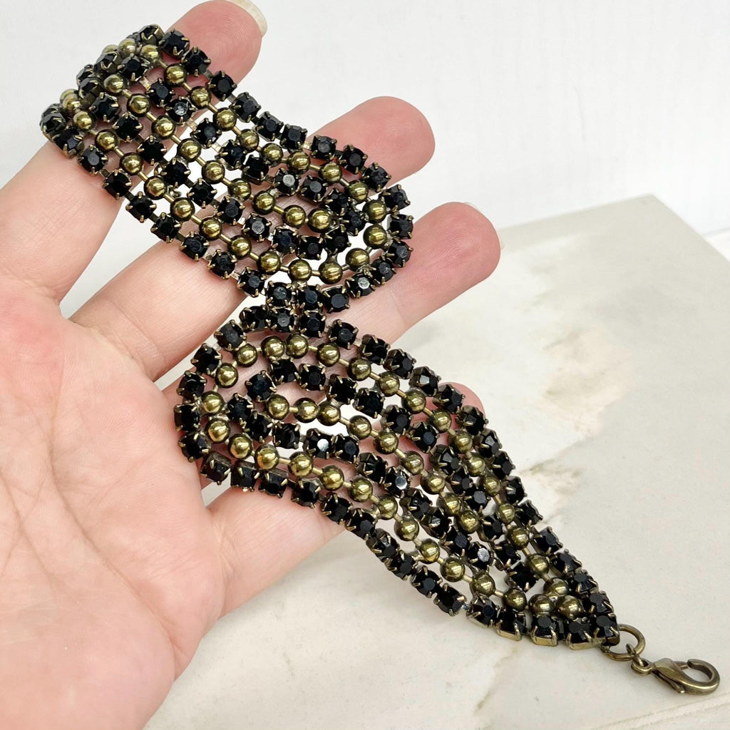 Vintage Black Diamante Wide Cuff Bracelet : 1980’s Fashion with Sparkling Black Glass Crystals MillyOliverVintage