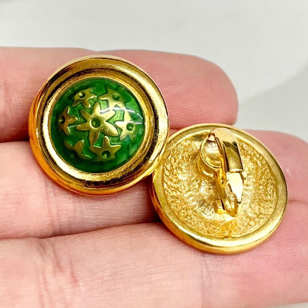 Vintage Gold Tone Clip on Earrings 1980’s - 1990’s with Green Floral Enamelled Centres MillyOliverVintage
