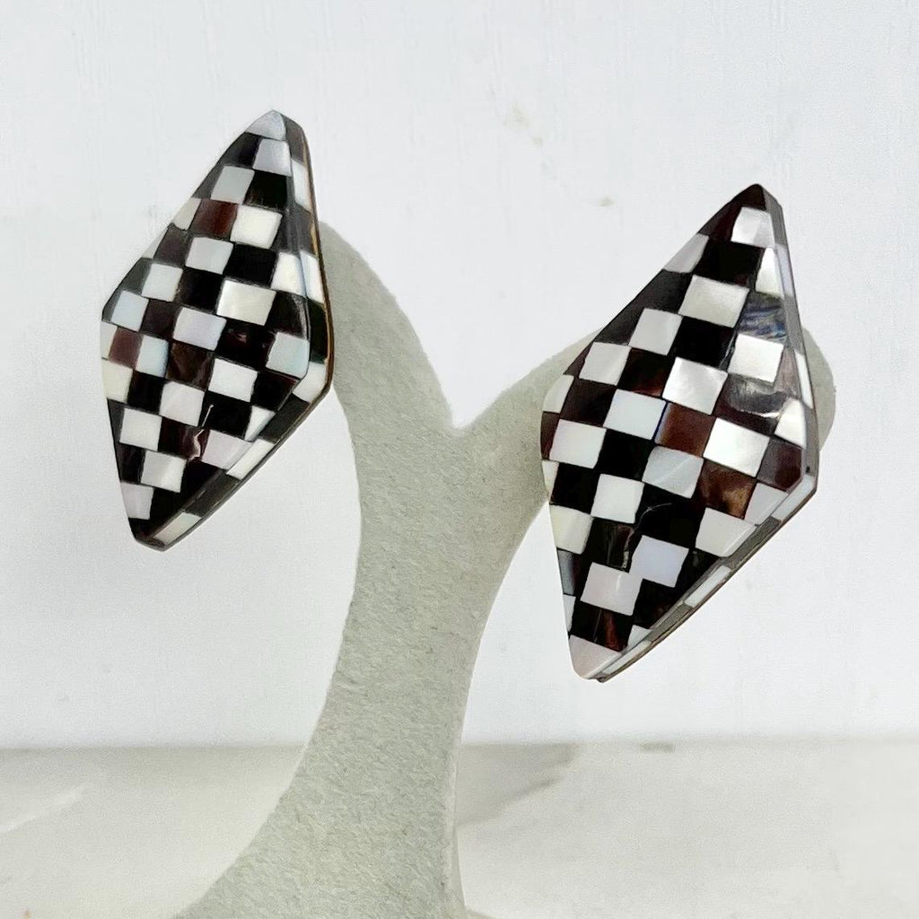 Mother of Pearl Abalone Shell Clip on Earrings Vintage 1980’s - 1990’s with a Diagonal Diamond Checkerboard Pattern MillyOliverVintage