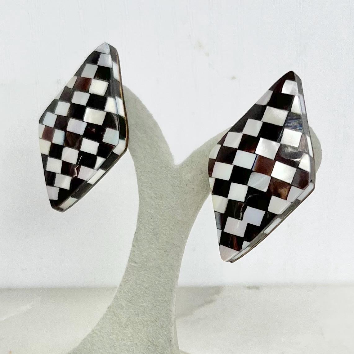 Mother of Pearl Abalone Shell Clip on Earrings Vintage 1980’s - 1990’s with a Diagonal Diamond Checkerboard Pattern MillyOliverVintage