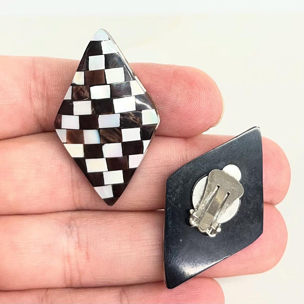 Mother of Pearl Abalone Shell Clip on Earrings Vintage 1980’s - 1990’s with a Diagonal Diamond Checkerboard Pattern MillyOliverVintage