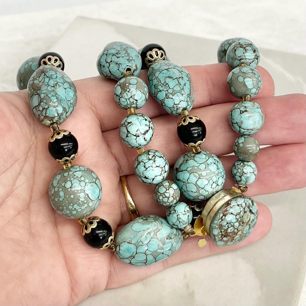Vintage Turquoise Blue Plastic Chunky Beaded Necklace 22” Long Made in Hong Kong MillyOliverVintage