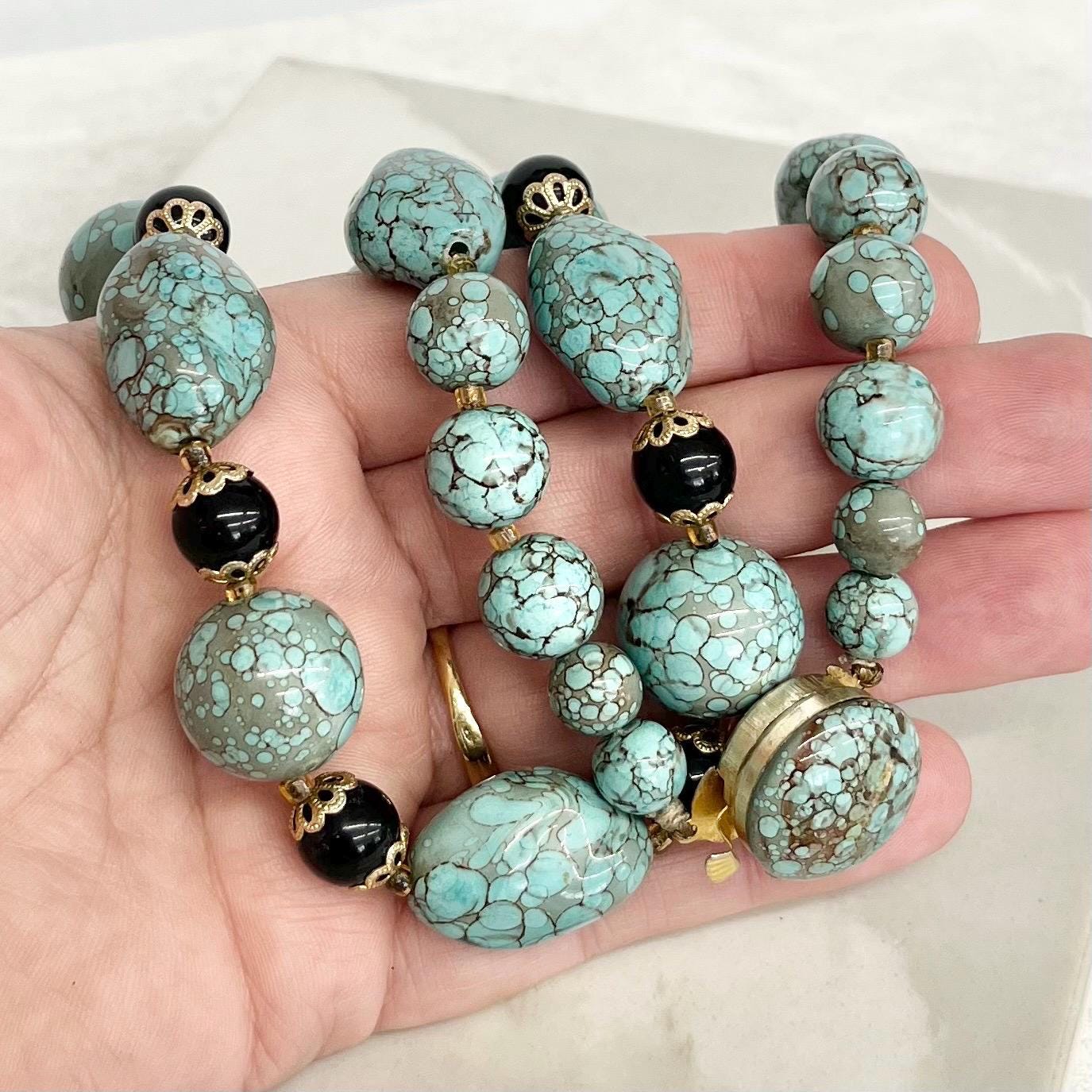 Vintage Turquoise Blue Plastic Chunky Beaded Necklace 22” Long Made in Hong Kong MillyOliverVintage
