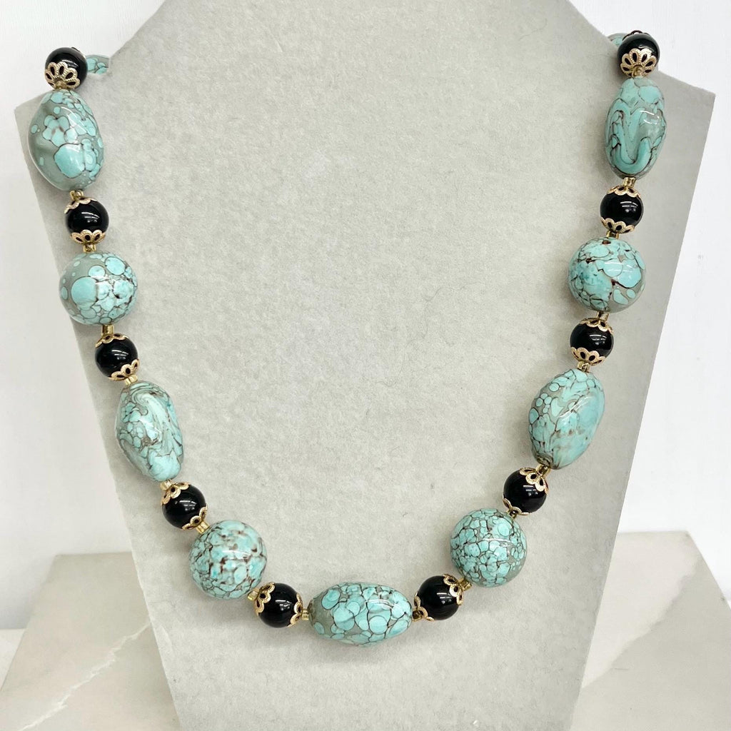 Vintage Turquoise Blue Plastic Chunky Beaded Necklace 22” Long Made in Hong Kong MillyOliverVintage