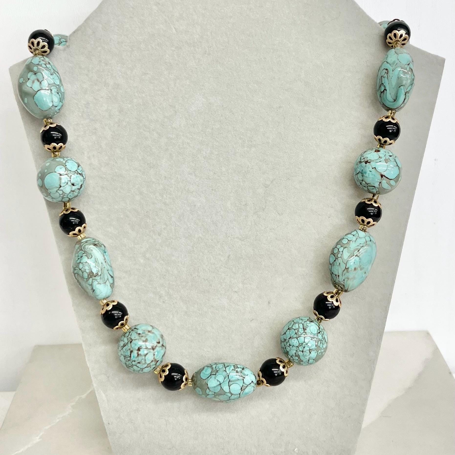 Vintage Turquoise Blue Plastic Chunky Beaded Necklace 22” Long Made in Hong Kong MillyOliverVintage