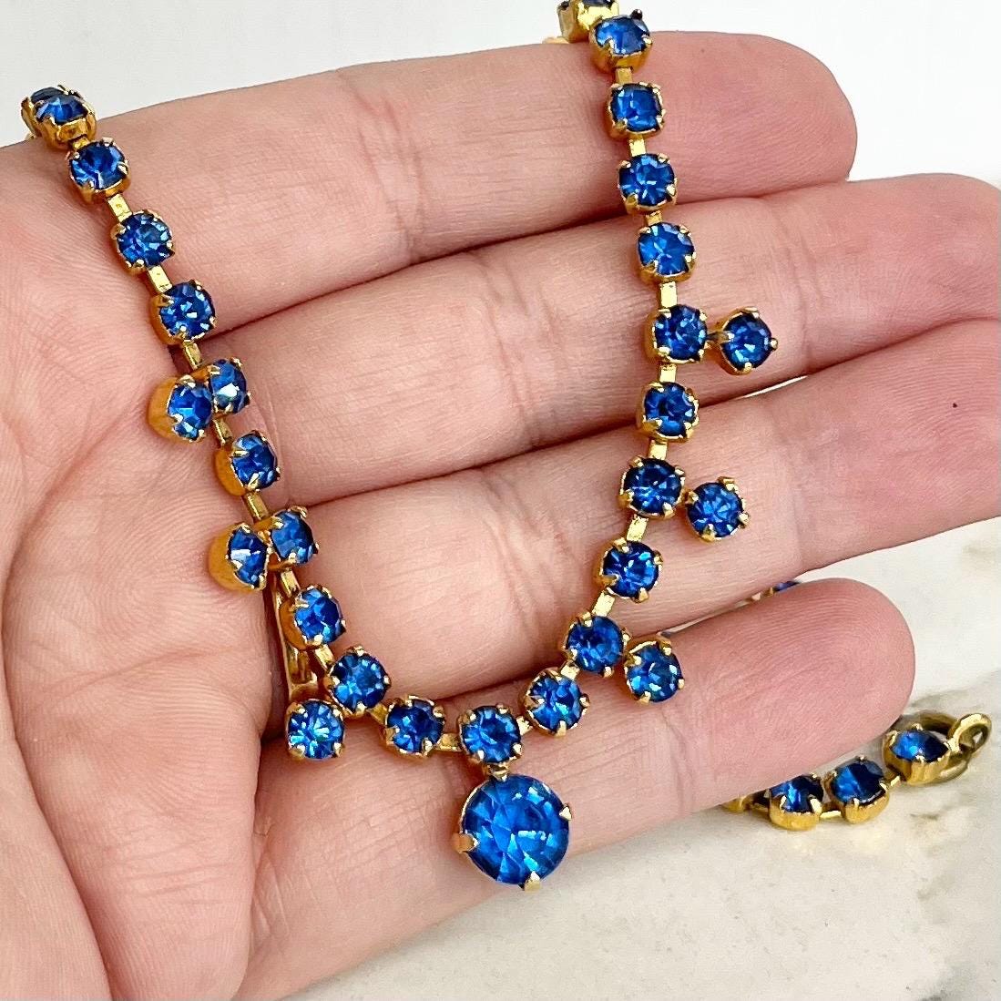 Vintage Blue Crystal Diamante Droplet Paste Necklace : Bridal Necklace Bridesmaid or Prom Jewellery MillyOliverVintage