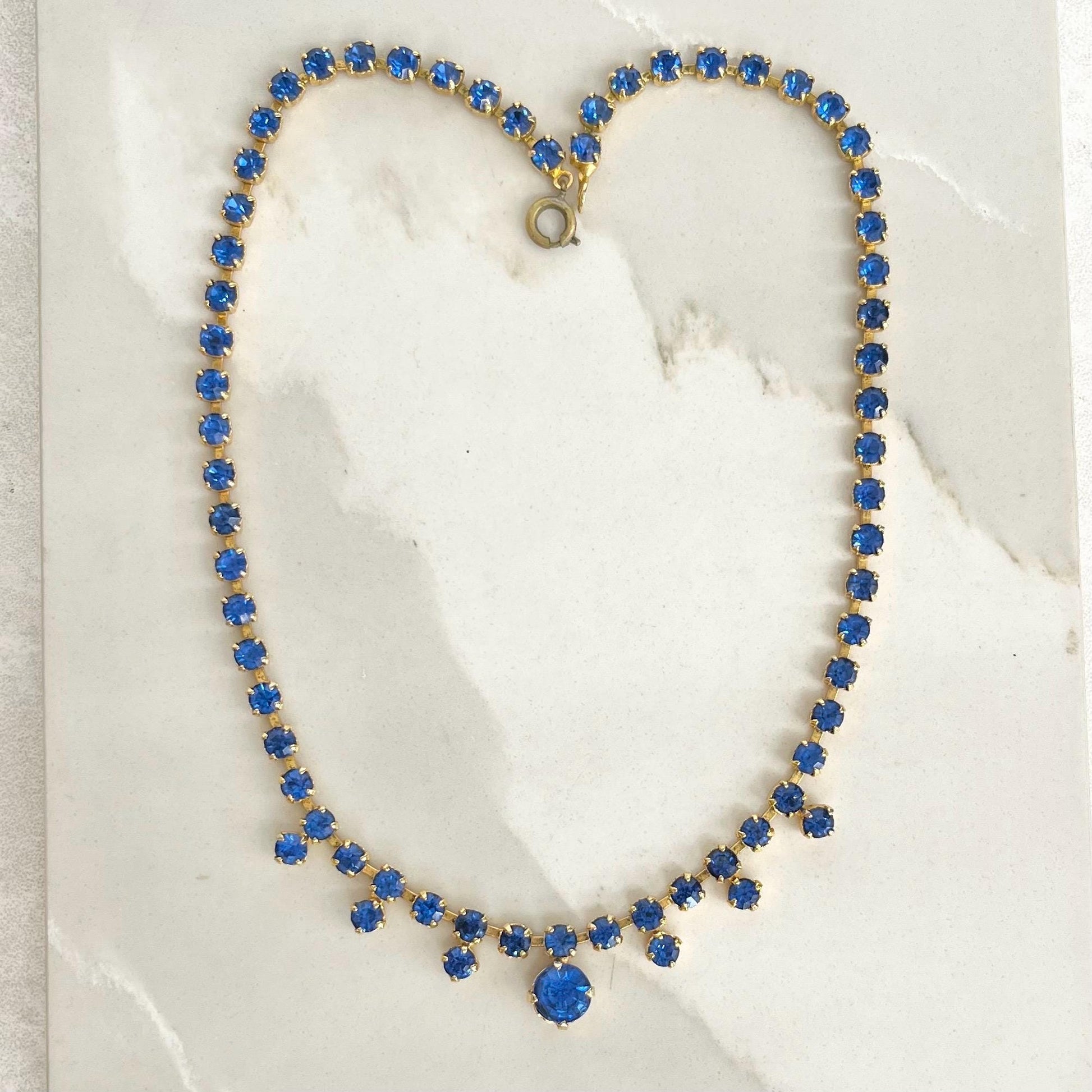 Vintage Blue Crystal Diamante Droplet Paste Necklace : Bridal Necklace Bridesmaid or Prom Jewellery MillyOliverVintage