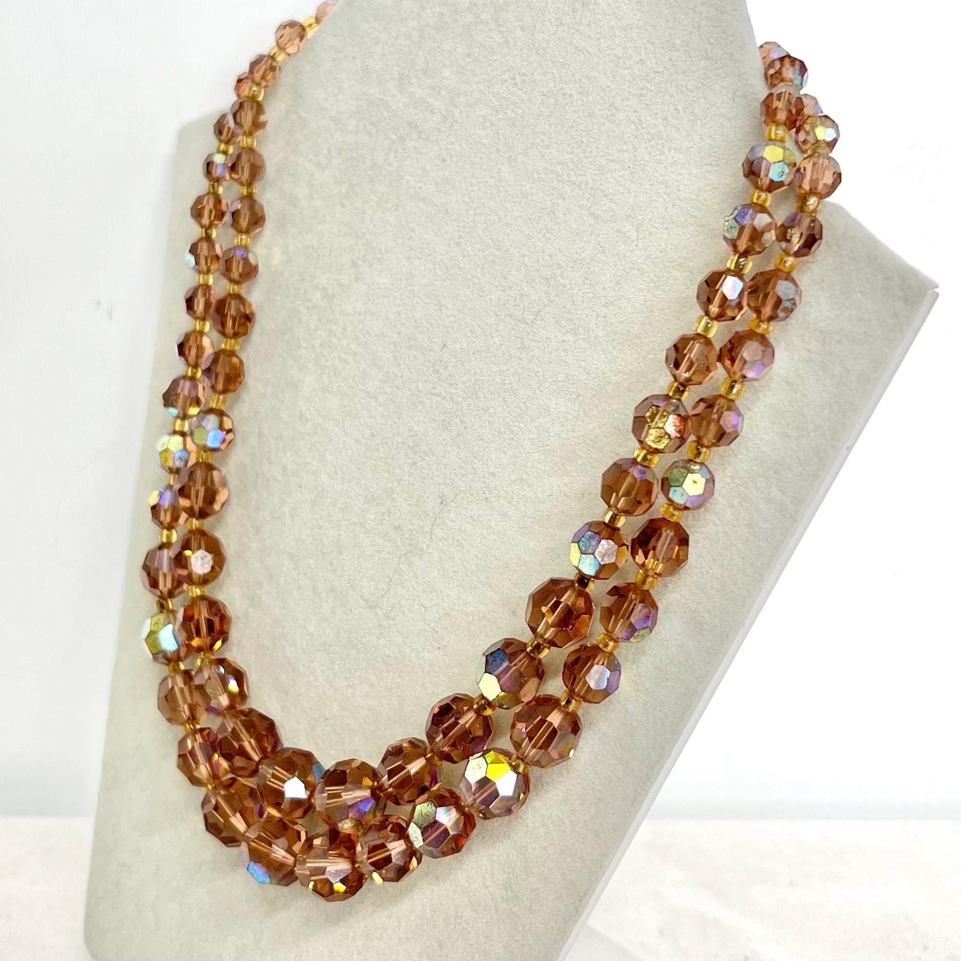 Two Strand Austrian Crystal Bead Necklace: Vintage 1950s Brown Smoked Topaz Colour with a Crystal Clasp MillyOliverVintage
