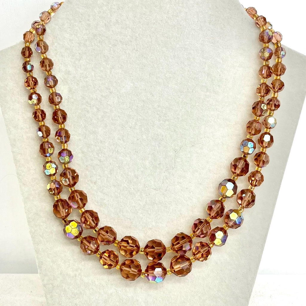 Two Strand Austrian Crystal Bead Necklace: Vintage 1950s Brown Smoked Topaz Colour with a Crystal Clasp MillyOliverVintage