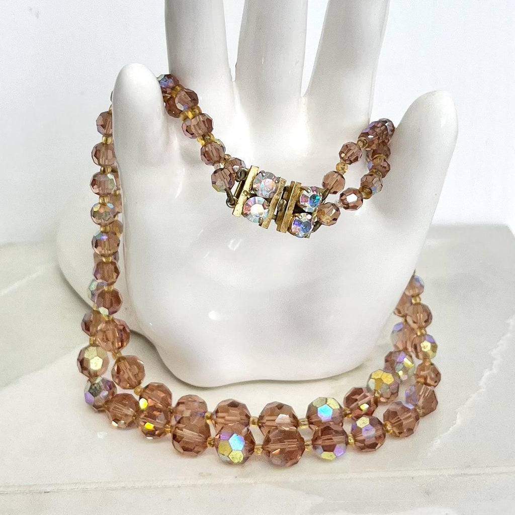 Two Strand Austrian Crystal Bead Necklace: Vintage 1950s Brown Smoked Topaz Colour with a Crystal Clasp MillyOliverVintage