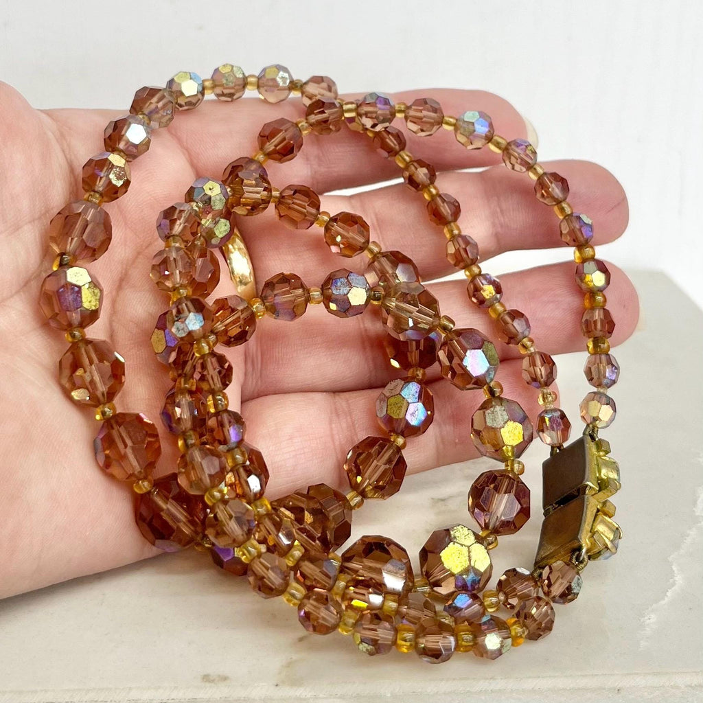 Two Strand Austrian Crystal Bead Necklace: Vintage 1950s Brown Smoked Topaz Colour with a Crystal Clasp MillyOliverVintage