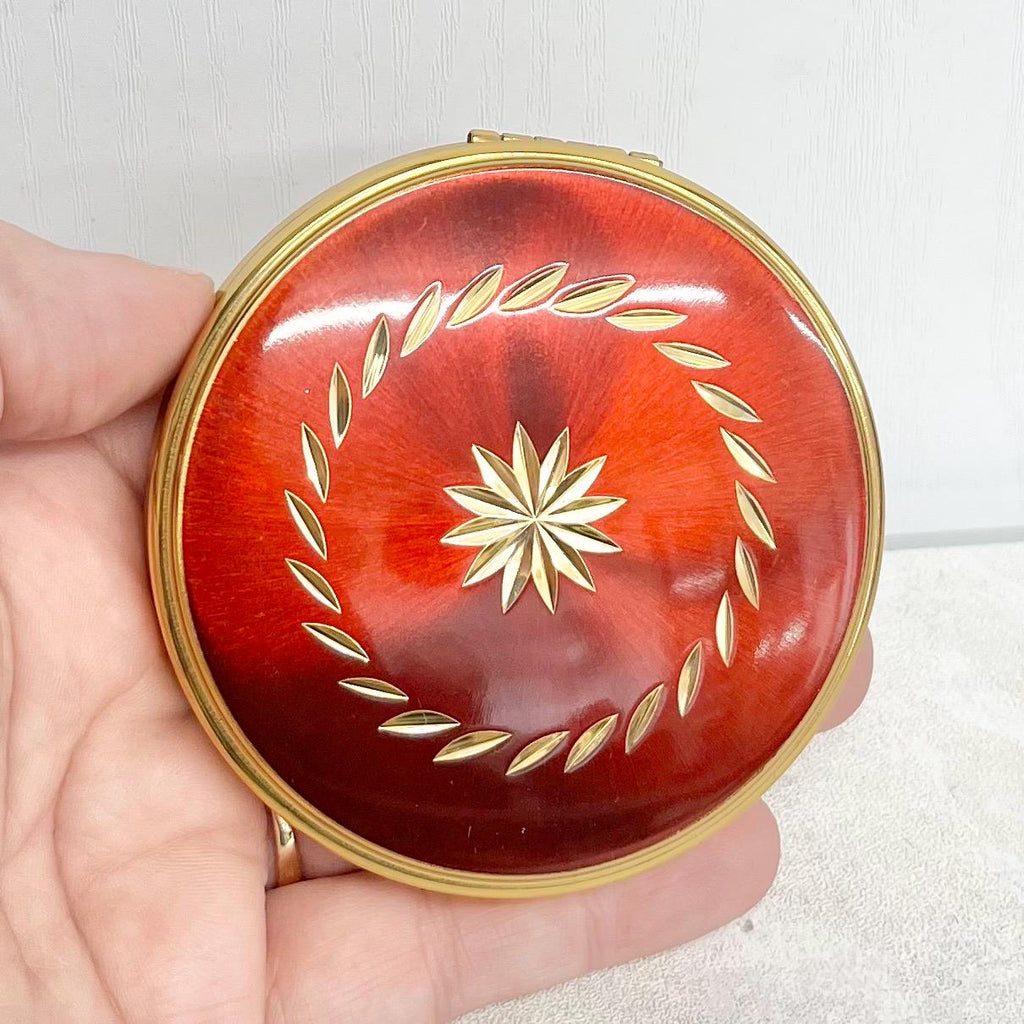 Vintage 1950’s 1960’s Kigu Plus Gold Red Enamel Compact with Original Box Mirror & an Engine Turned Back MillyOliverVintage